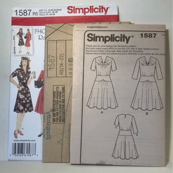 Simplicity 1587 1940s Vintage Dress Reprint Sewing Pattern Gathered Neckline FF - Picture 6 of 7